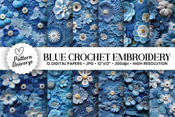 Charming Blue Crochet Embroidery Digital Papers
