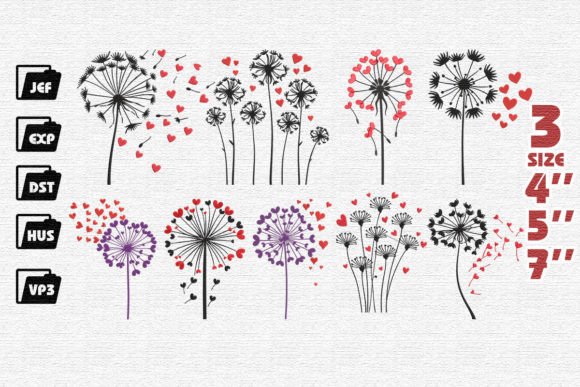 Charming Dandelions with Hearts Embroidery
