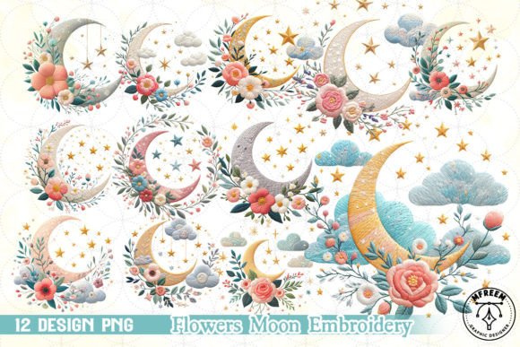 Flowers Moon Embroidery for Premium Sweatshirts